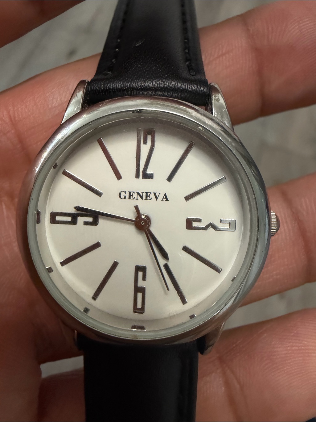 Geneva Quartz Watch White Dial Black Leather Strap 34mm Working